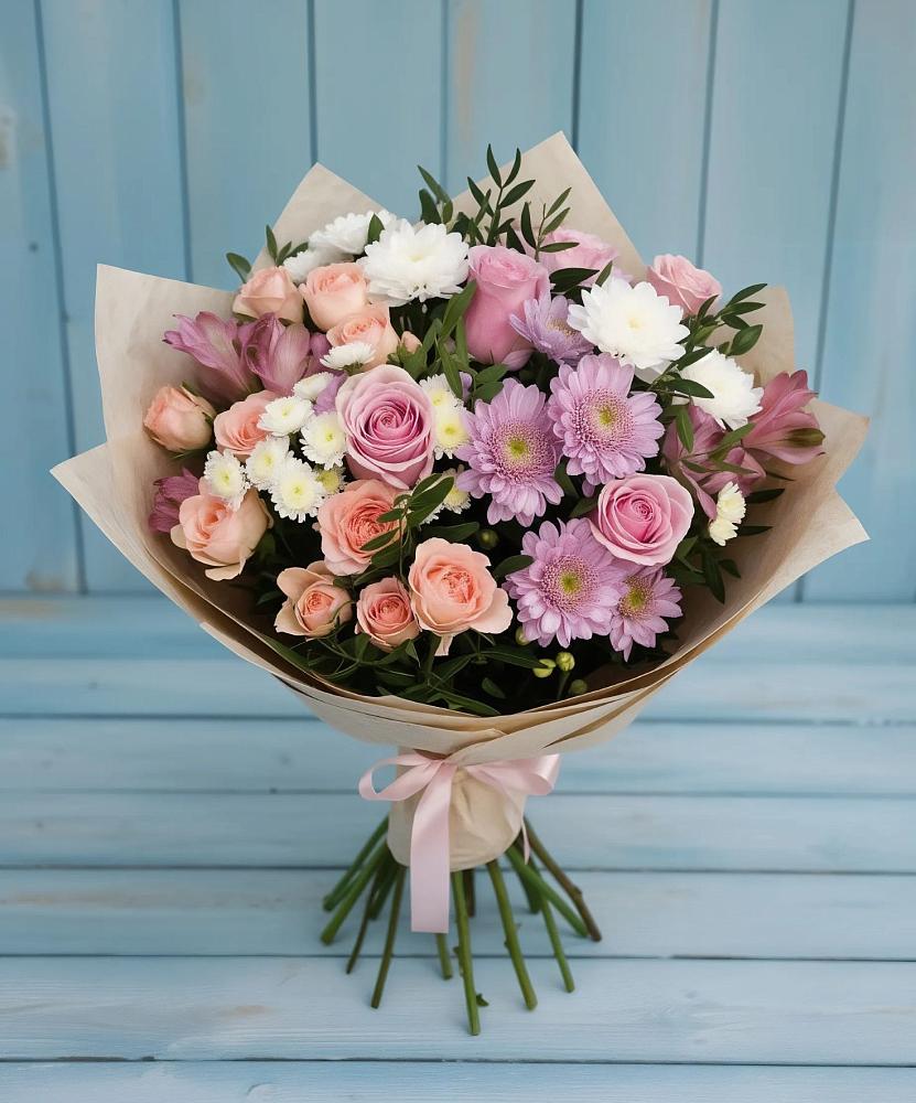 Букет цветов из: Хризантемы, Розы и Альстромерии в Новый Рогачик