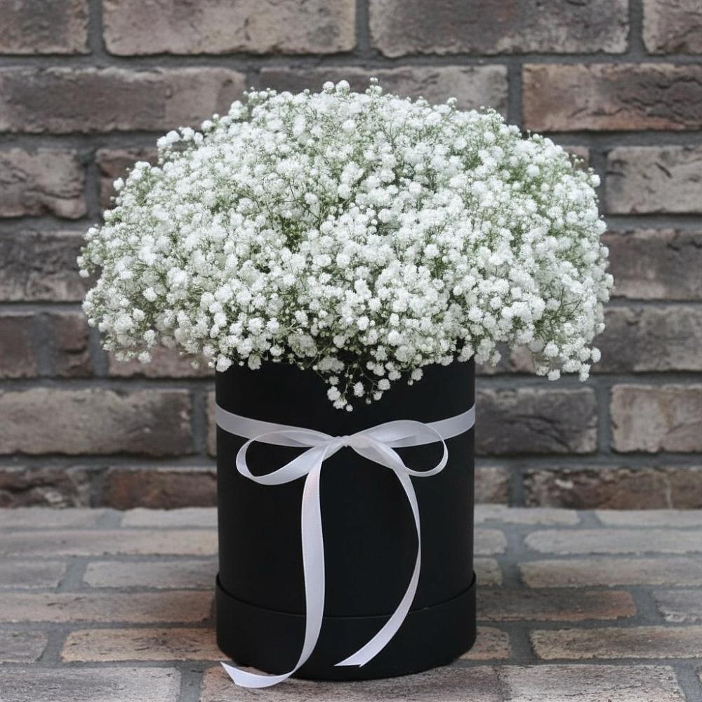 Цветочная композиция из Гипсофила в шляпной коробке в Новый Рогачик