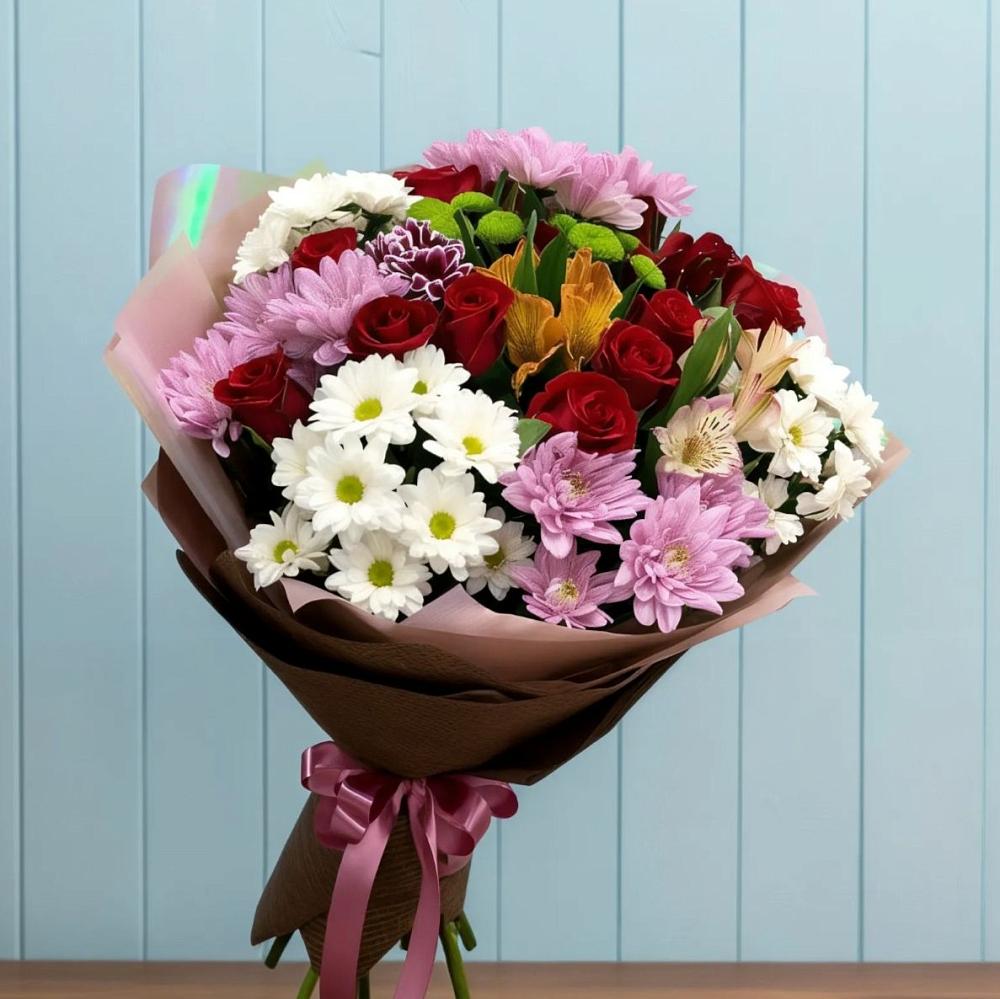 Букет цветов из: Розы, Хризантемы и Альстромерии в Новый Рогачик
